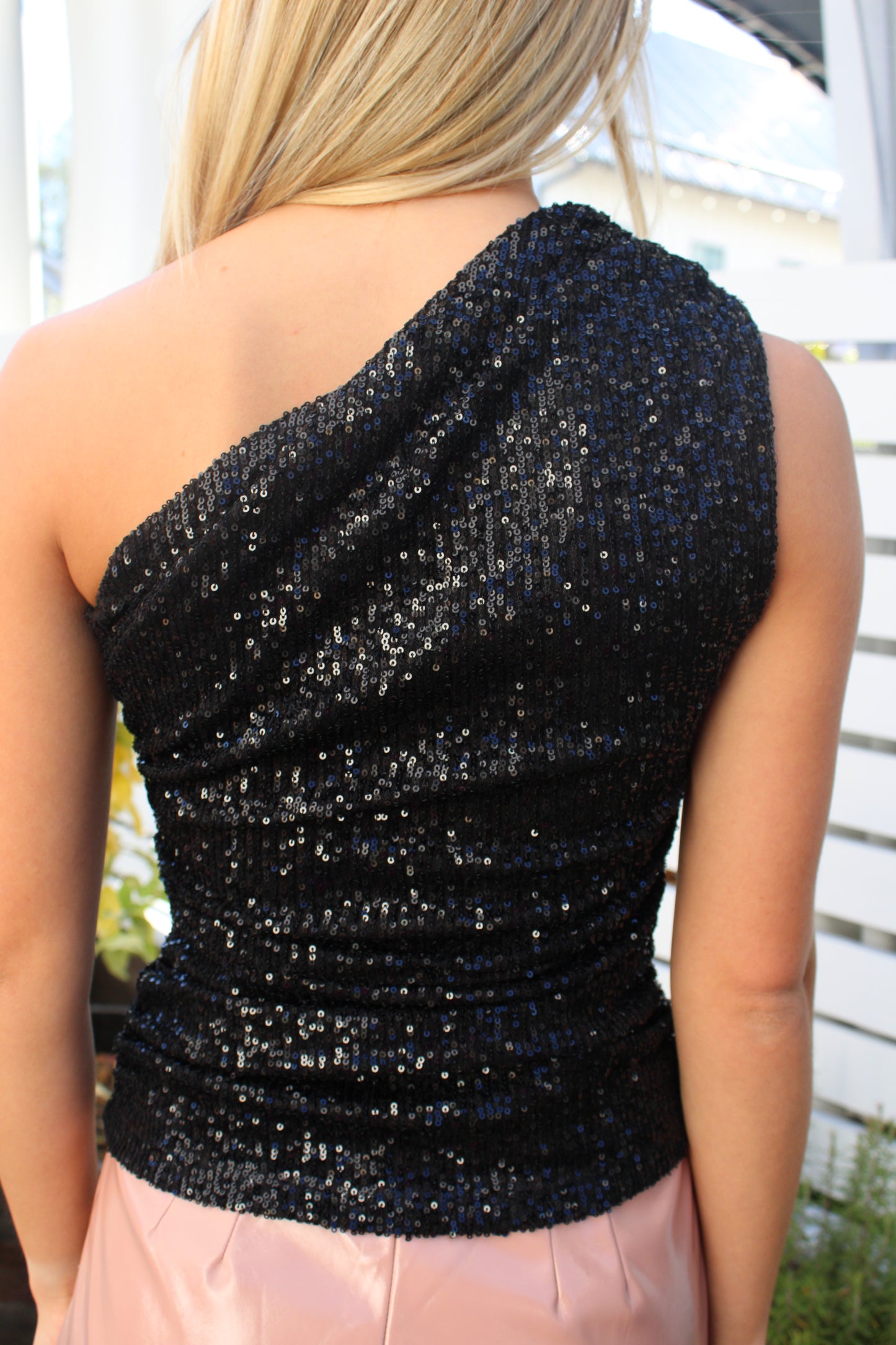 One-Shouldered Sequin Top in Black