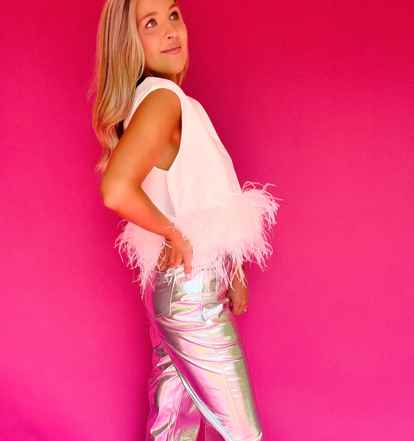 White Sleeveless Feather Top