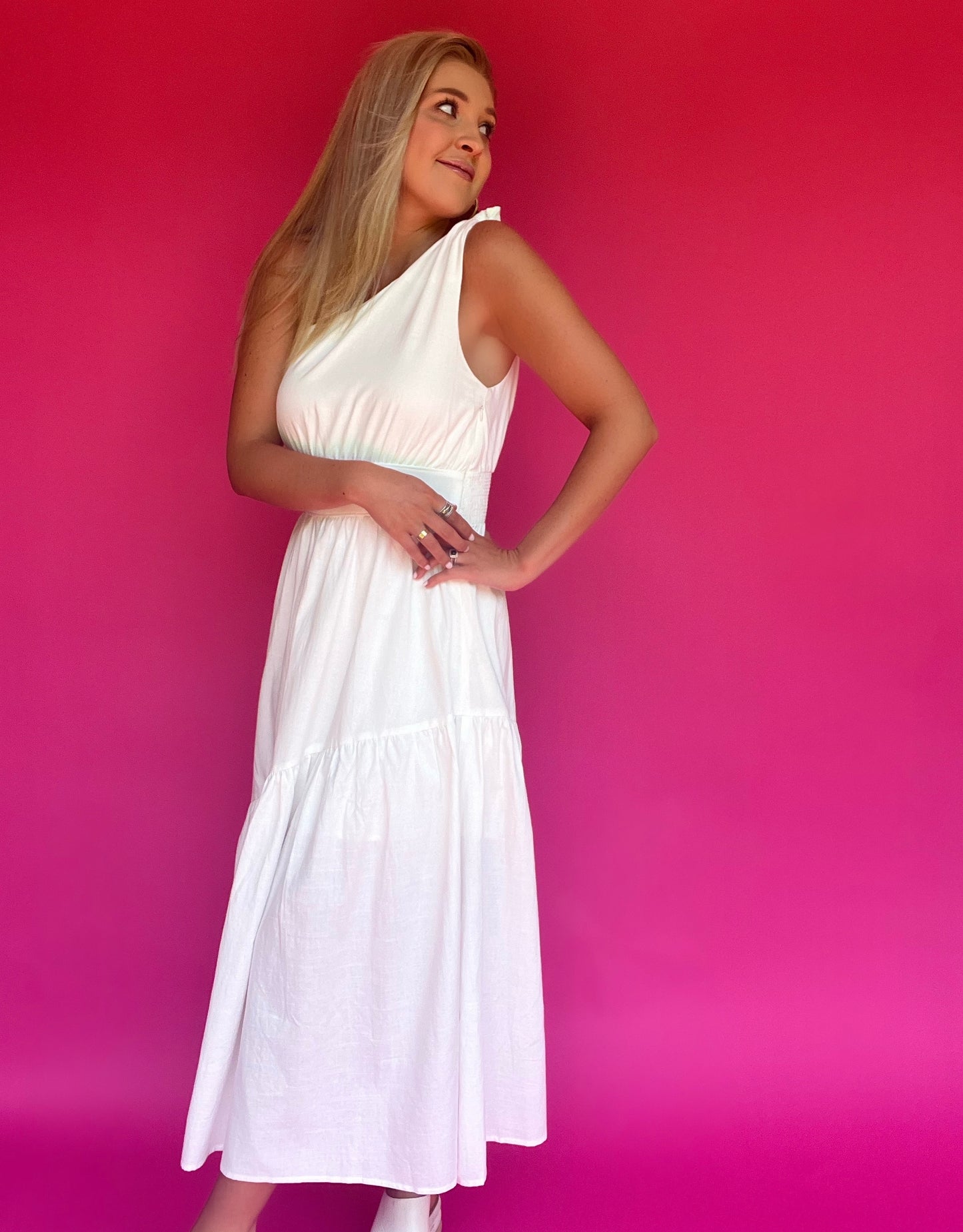 White Linen One Shouldered Midi Dress