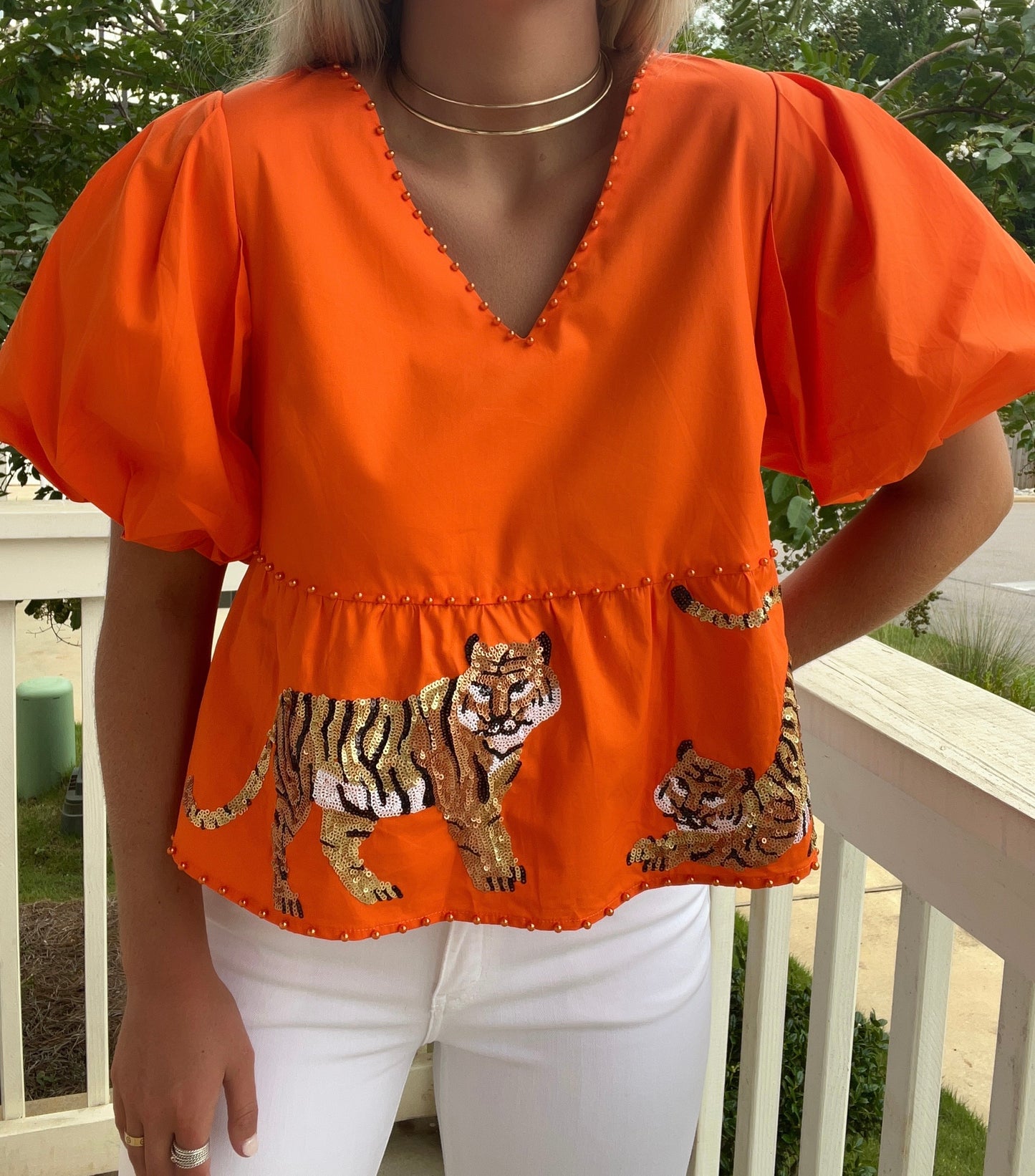 Queen of Sparkles Orange Tiger Peplum Top