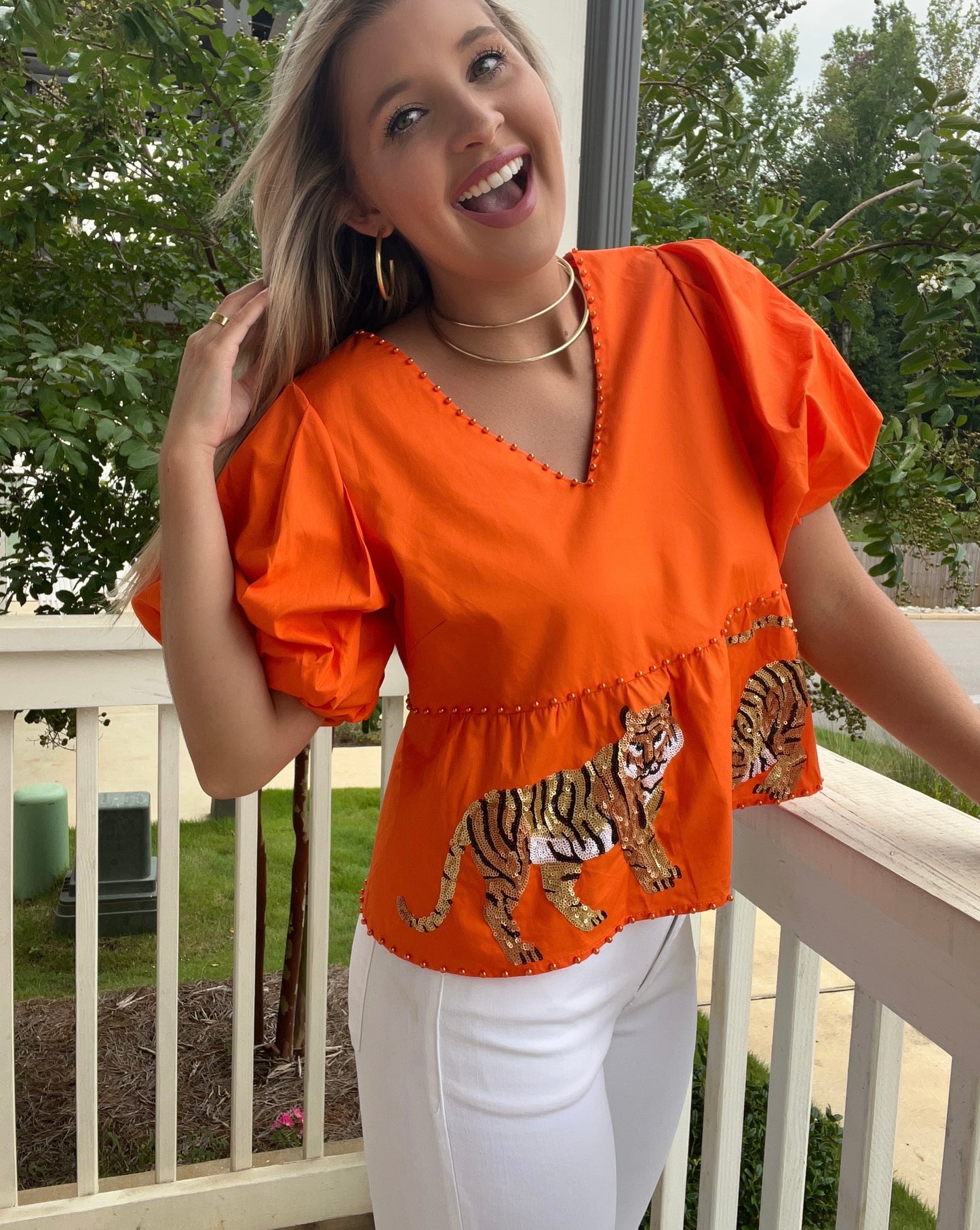 Queen of Sparkles Orange Tiger Peplum Top
