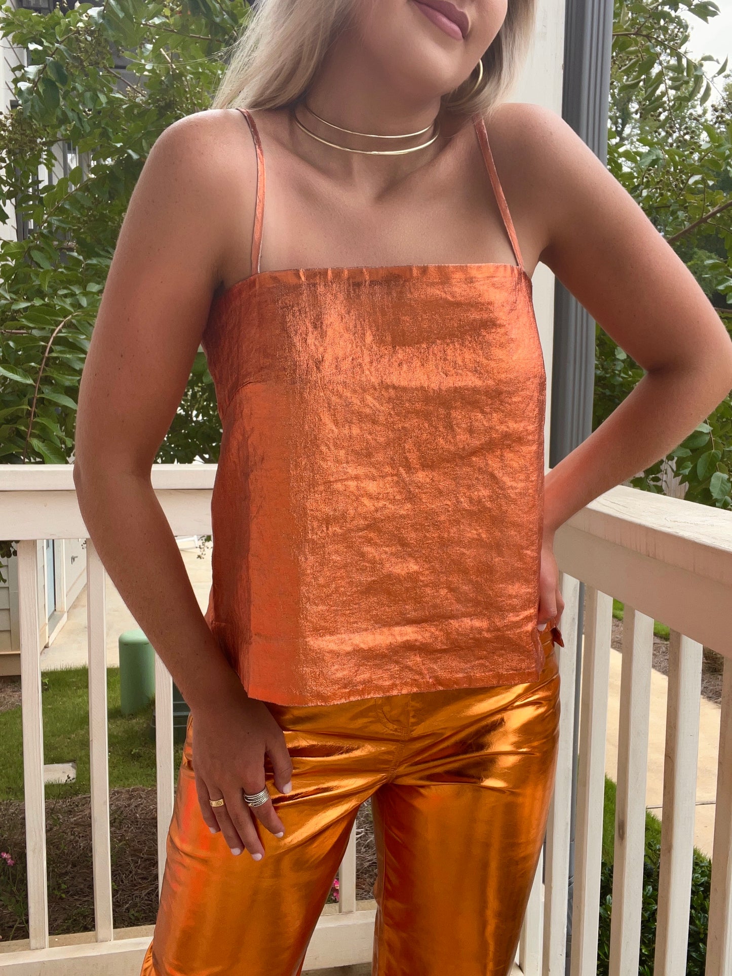 Copper Orange Metallic Linen Top