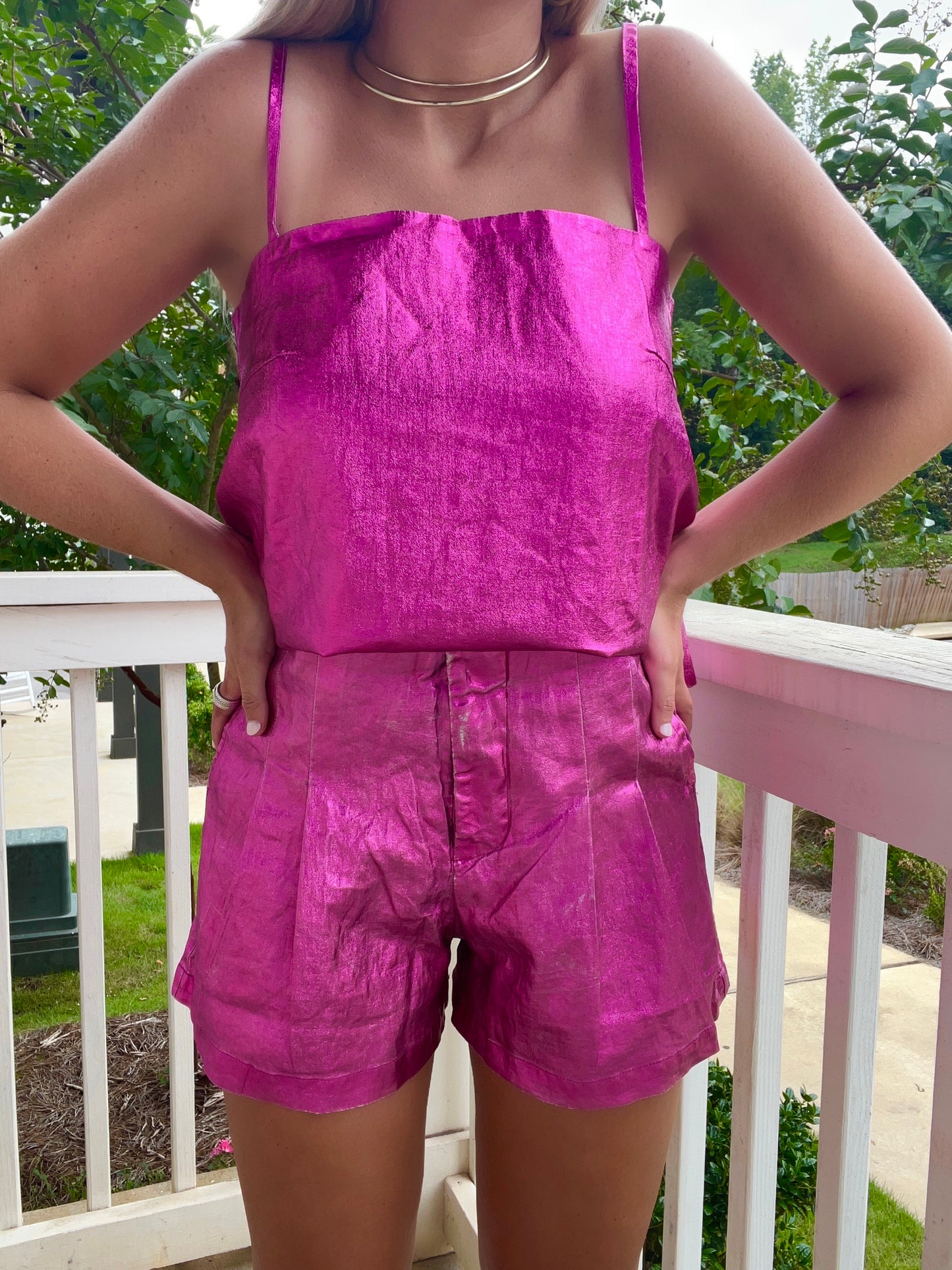 Fuchsia Metallic Linen Top