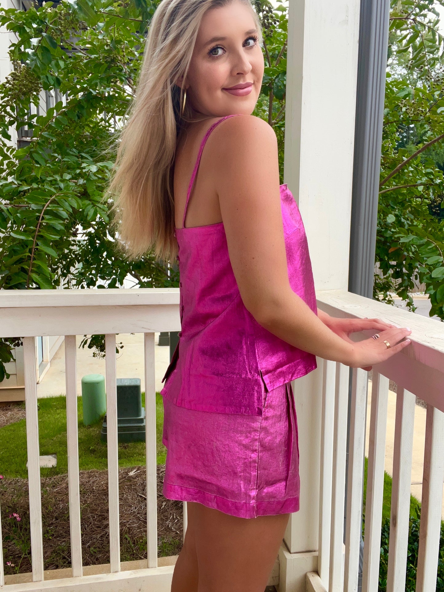 Fuchsia Metallic Linen Top