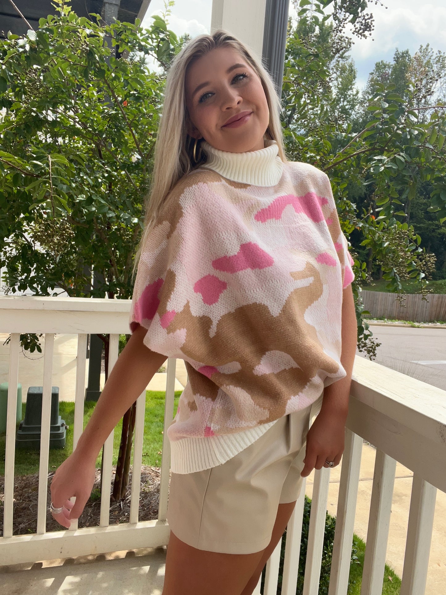 Pink Camo Sleeveless Poncho Sweater