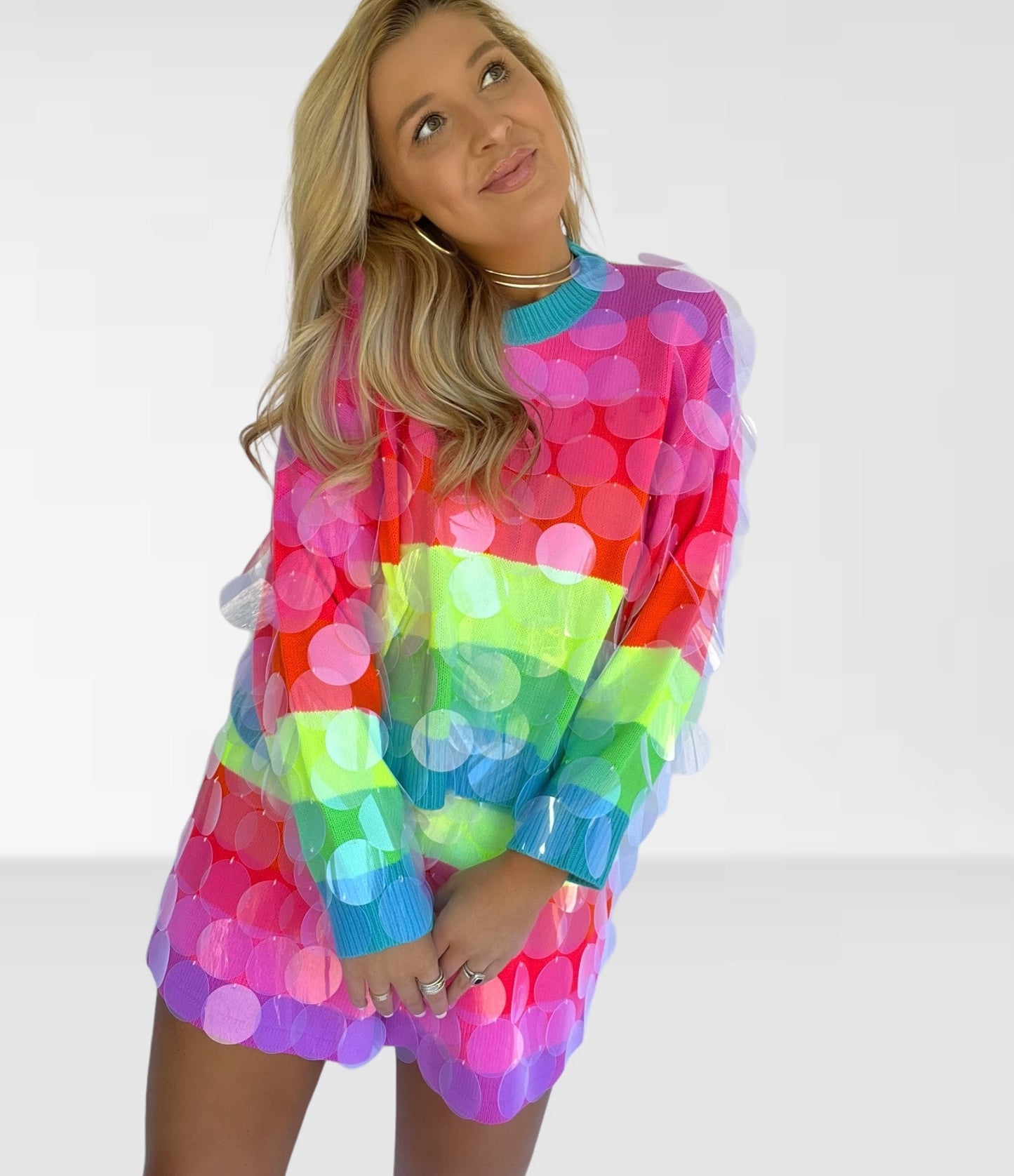 Queen of Sparkles Neon Stripe Clear Sequin Sweater