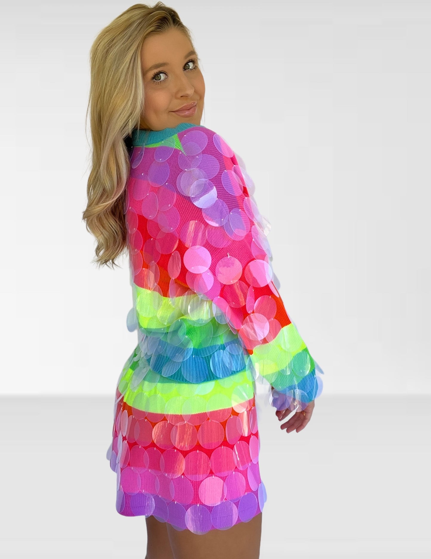 Queen of Sparkles Neon Stripe Clear Sequin Sweater
