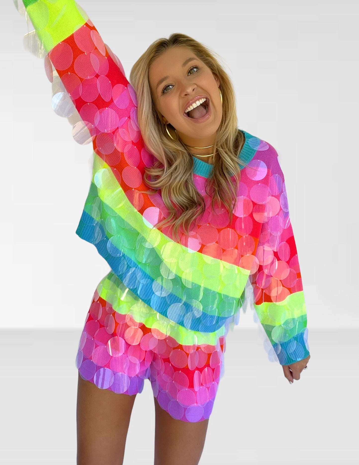 Queen of Sparkles Neon Stripe Clear Sequin Sweater