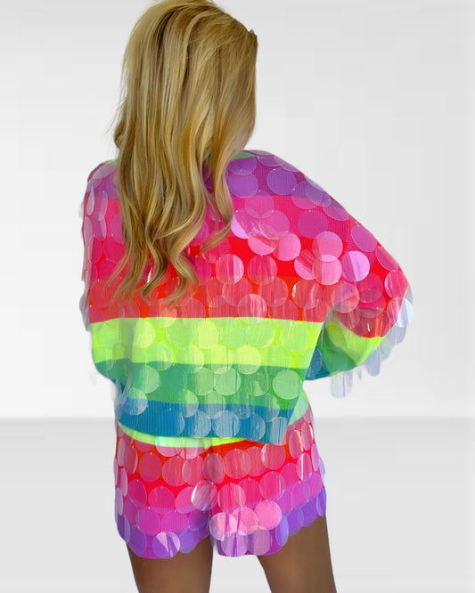 Queen of Sparkles Neon Stripe Clear Sequin Sweater