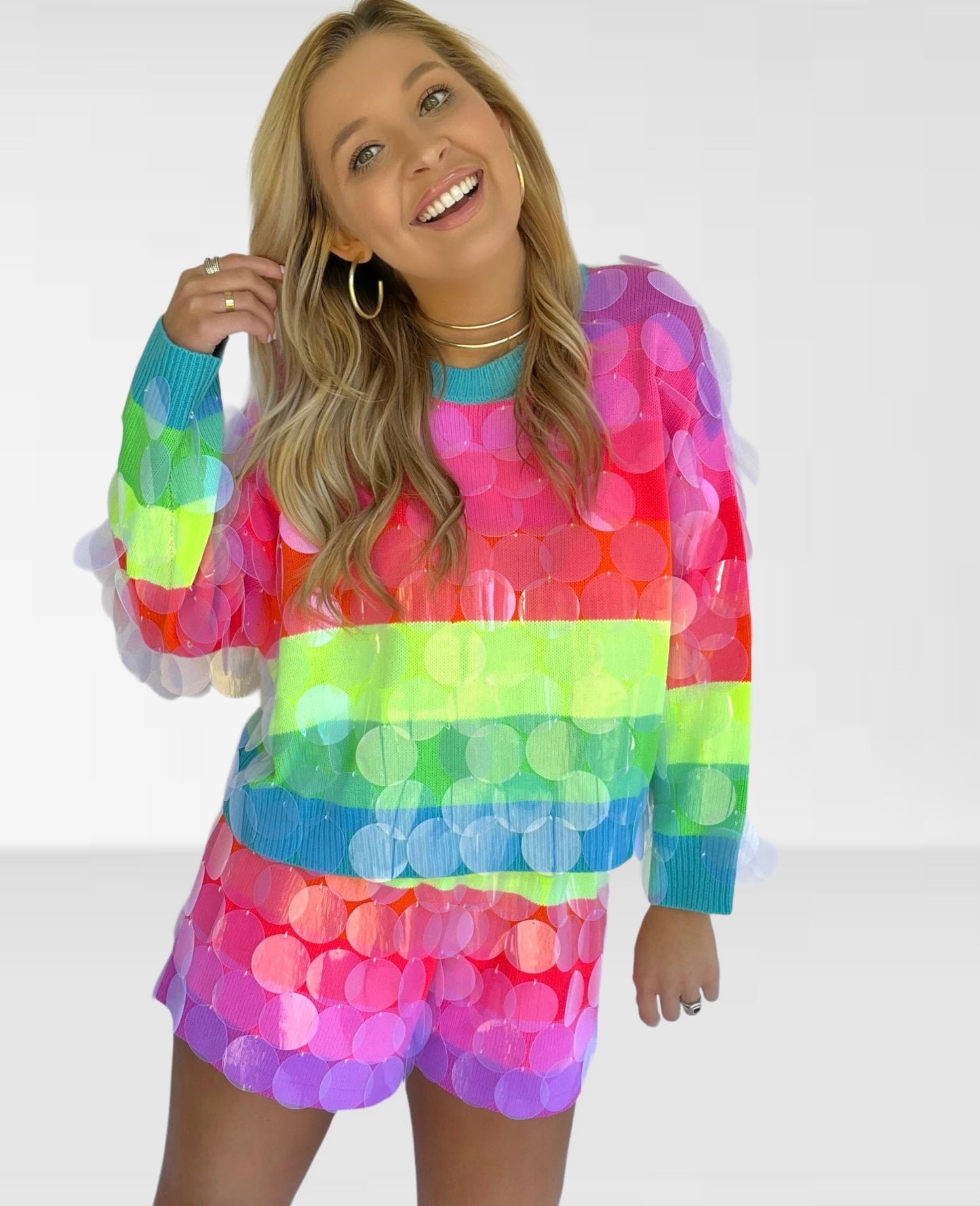 Queen of Sparkles Neon Stripe Clear Sequin Sweater
