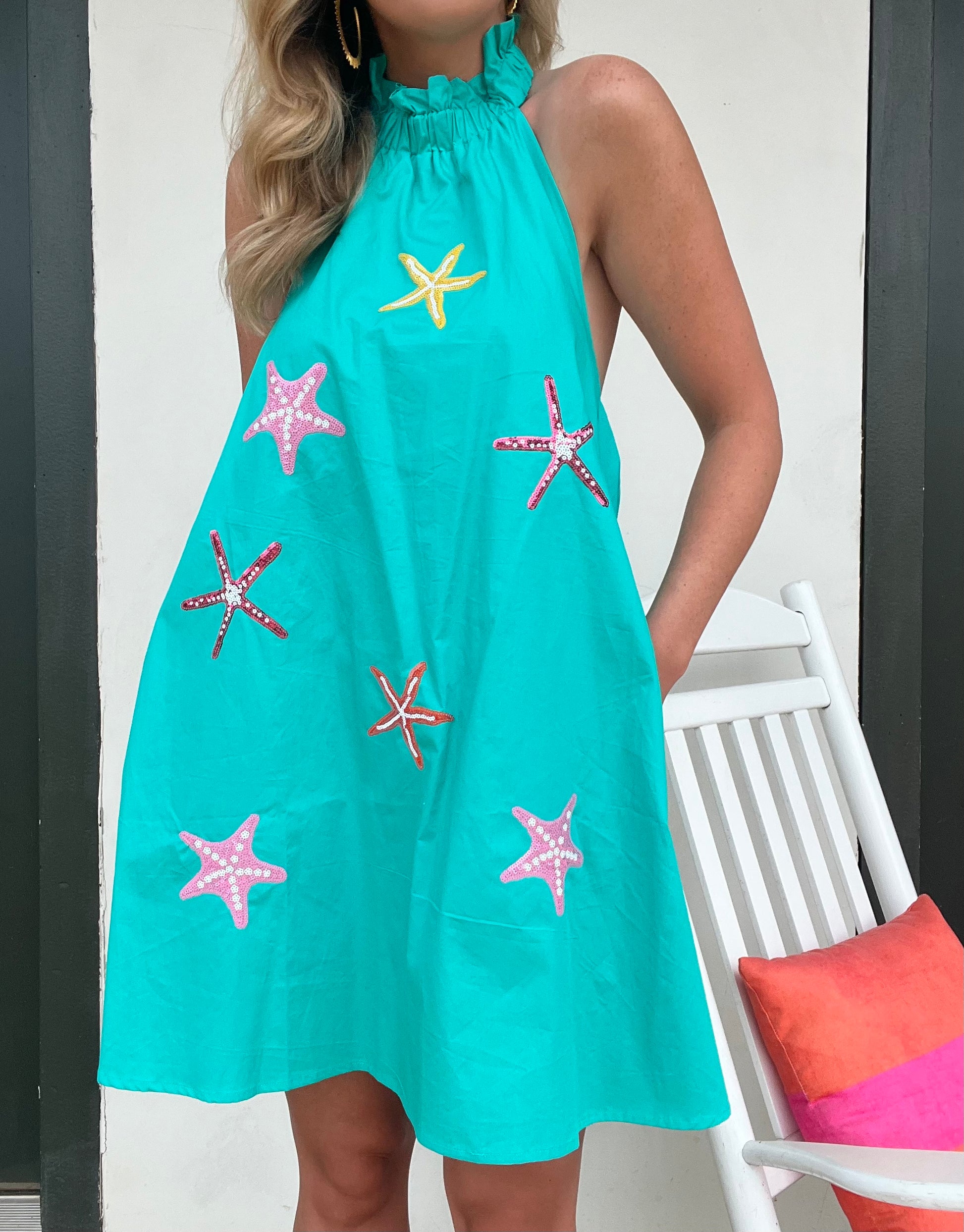 sequin starfish dress Flared Sleeve Plunge Neck Starfish Trim Detail Mini Beach Dress In Gold Sequin | EGO US