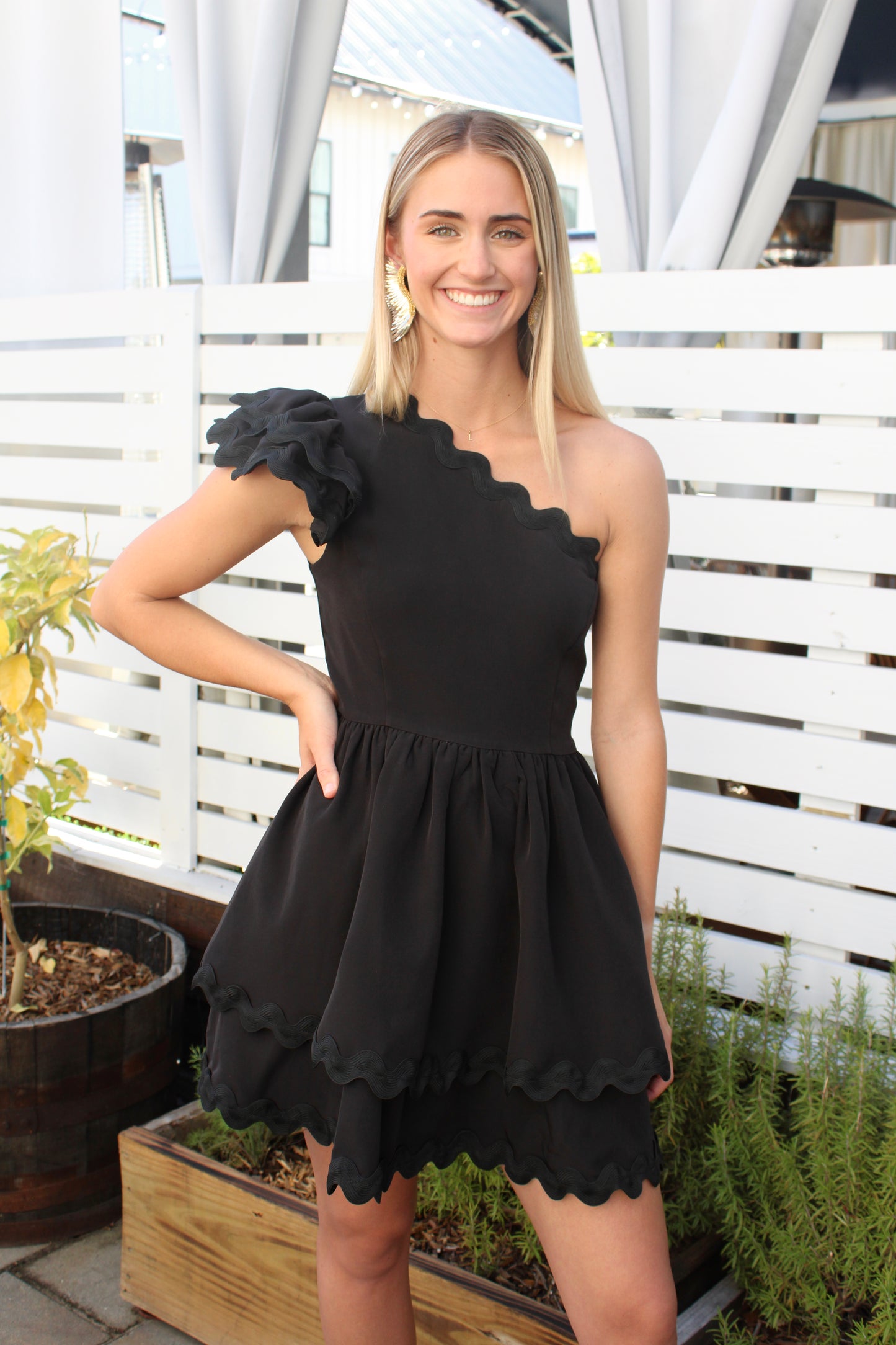 One-Shouldered Ric Rac Dress in Black