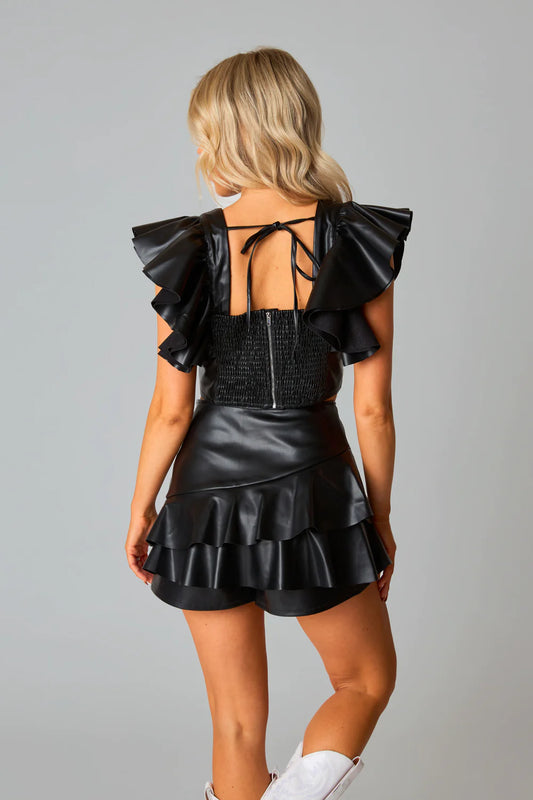 Buddy Love Black Leather Ruffle Skort