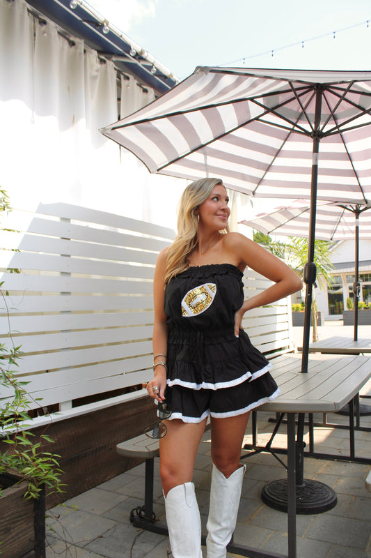 Wake Up It's Game Day Romper - Black/White