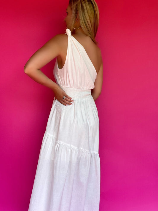 White Linen One Shouldered Midi Dress