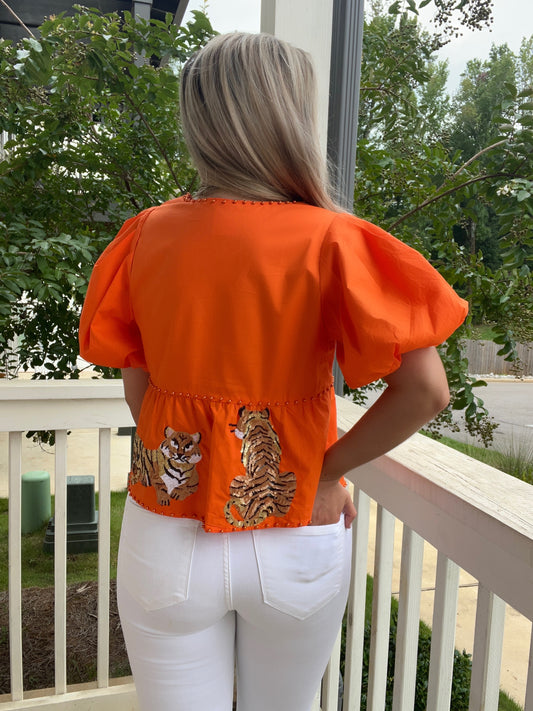 Queen of Sparkles Orange Tiger Peplum Top