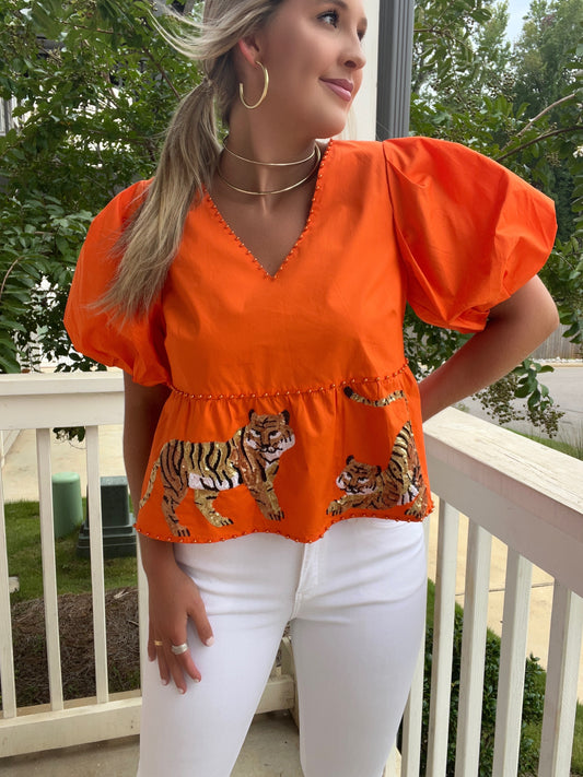 Queen of Sparkles Orange Tiger Peplum Top