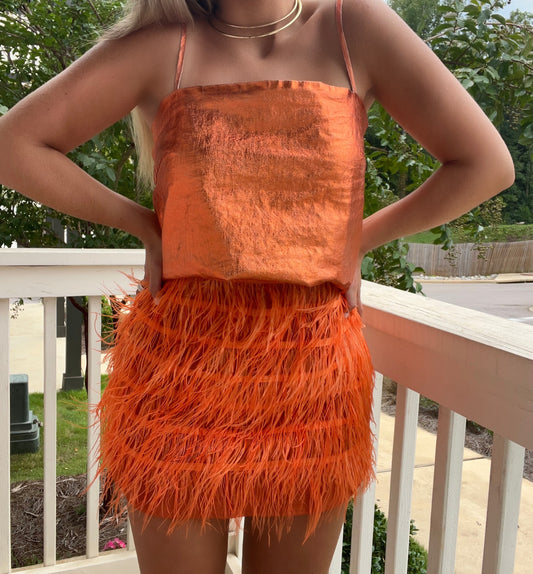 Queen of Sparkles Orange Feather Mini Skirt