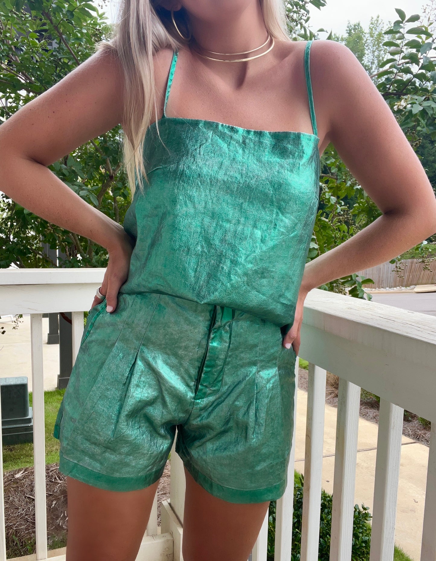 Emerald Green Metallic Linen Shorts