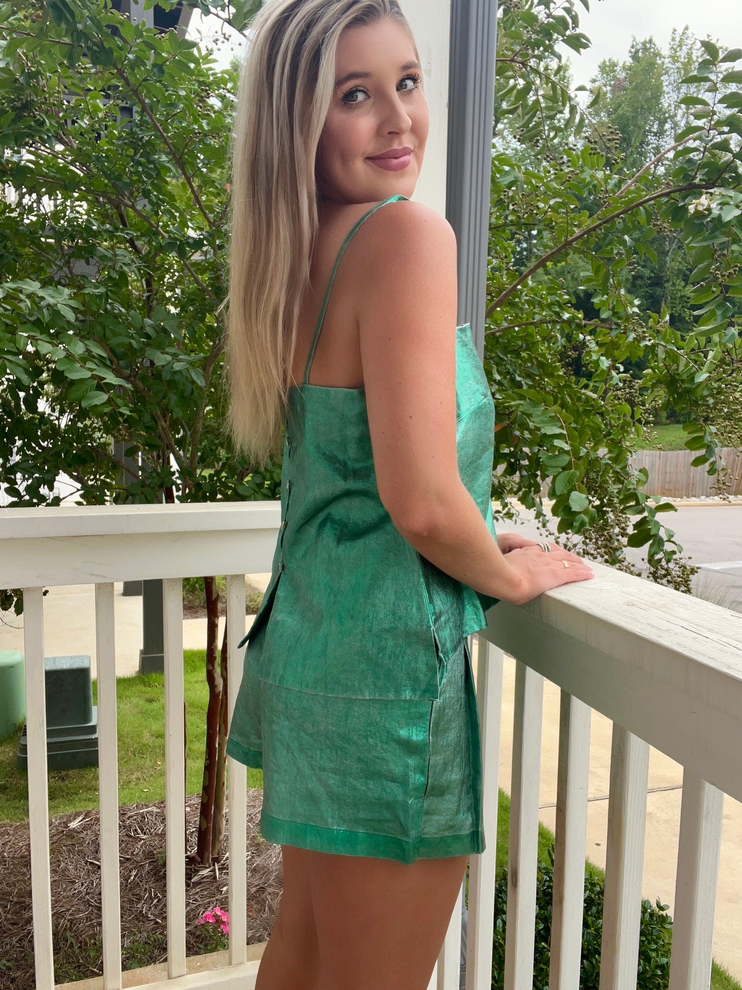 Emerald Green Metallic Linen Shorts