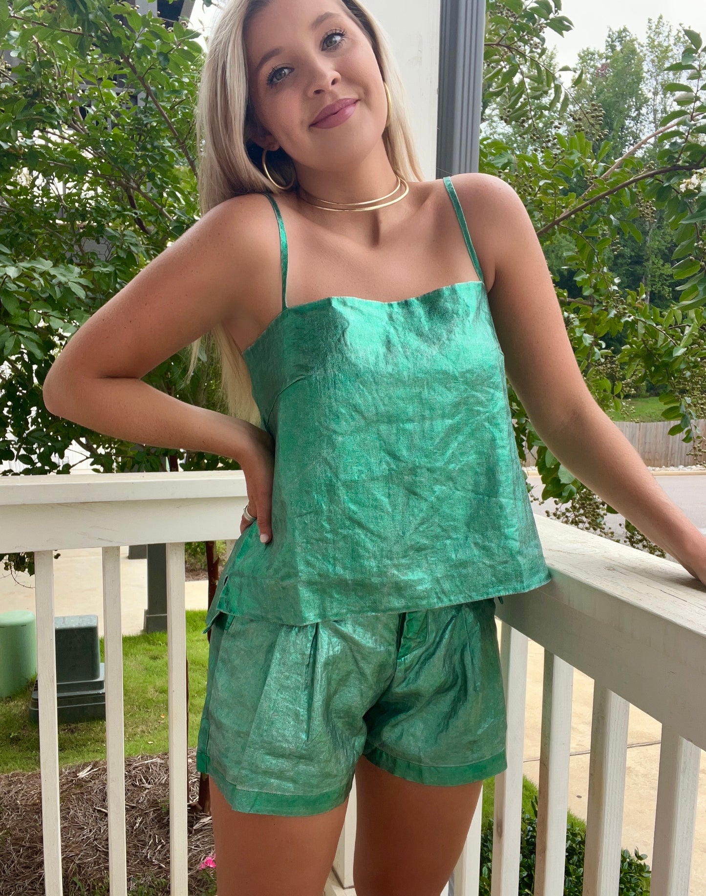 Emerald Green Metallic Linen Shorts