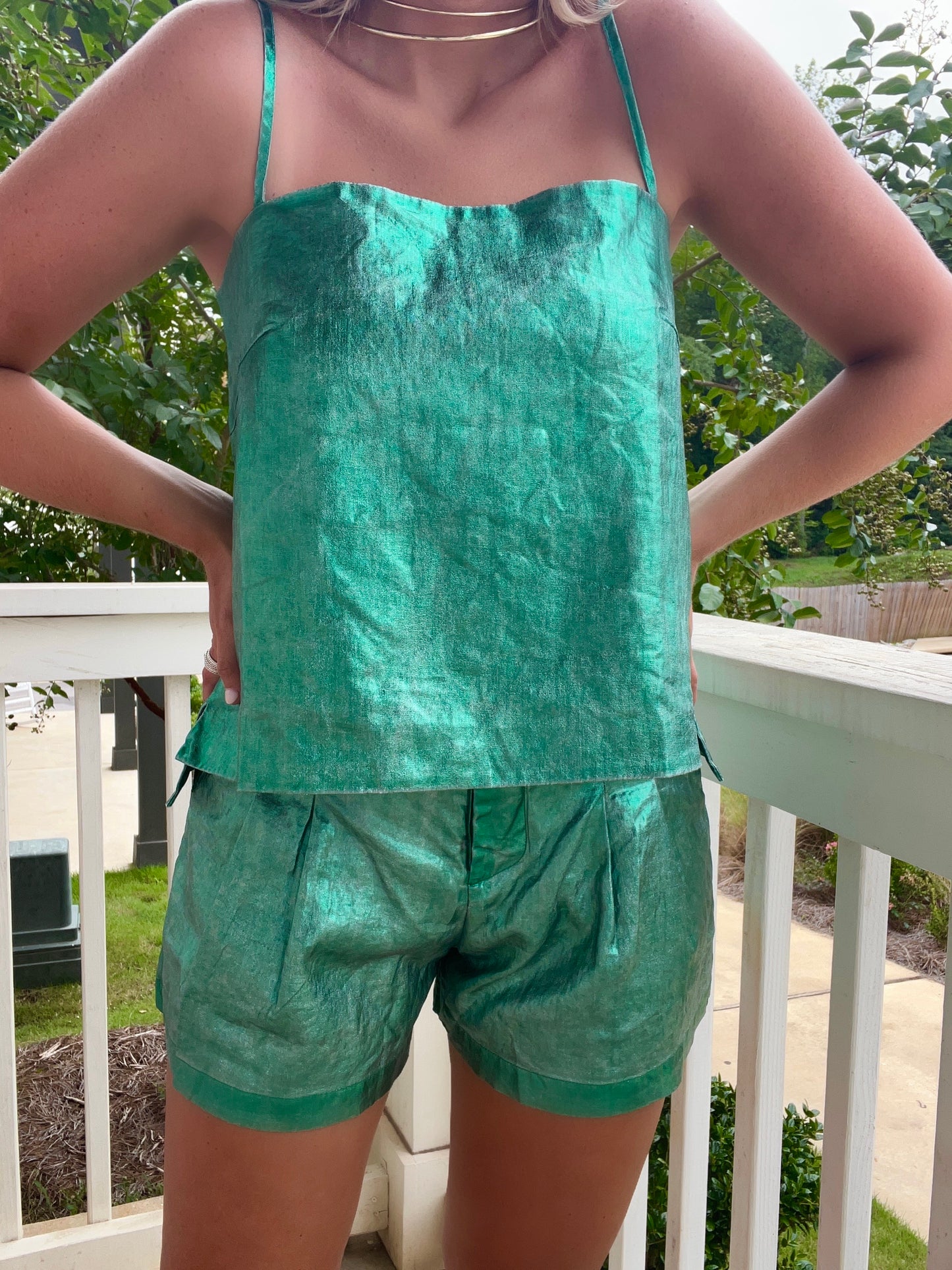 Emerald Green Metallic Linen Shorts