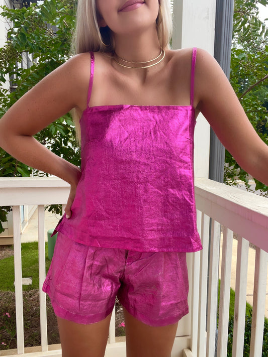 Fuchsia Metallic Linen Top