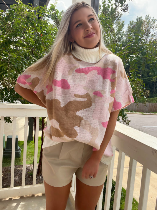 Pink Camo Sleeveless Poncho Sweater