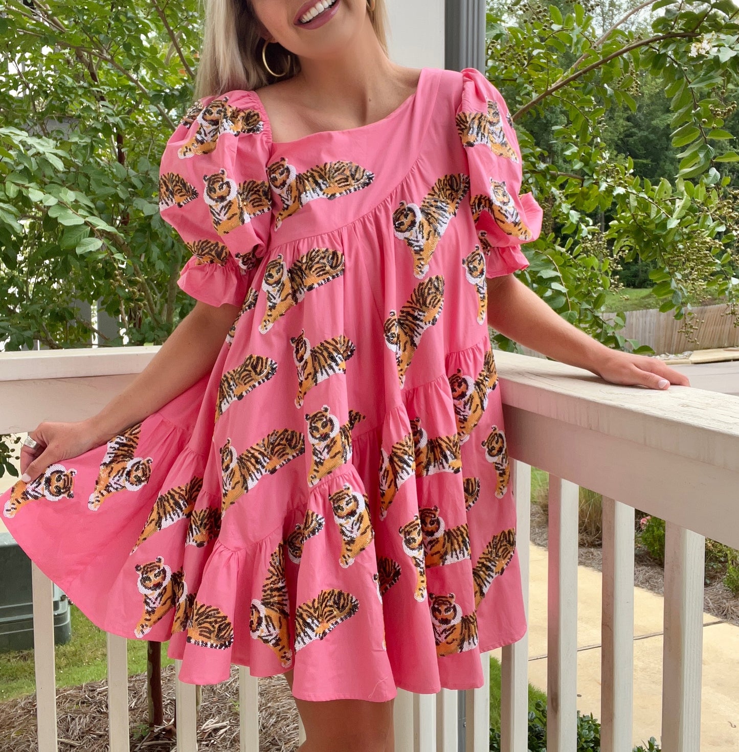 pink dress with tigers Uncle Frank Tiered Tiger Dress