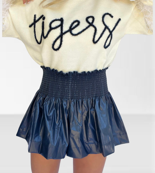 Queen of Sparkles Navy Leather Swing Shorts