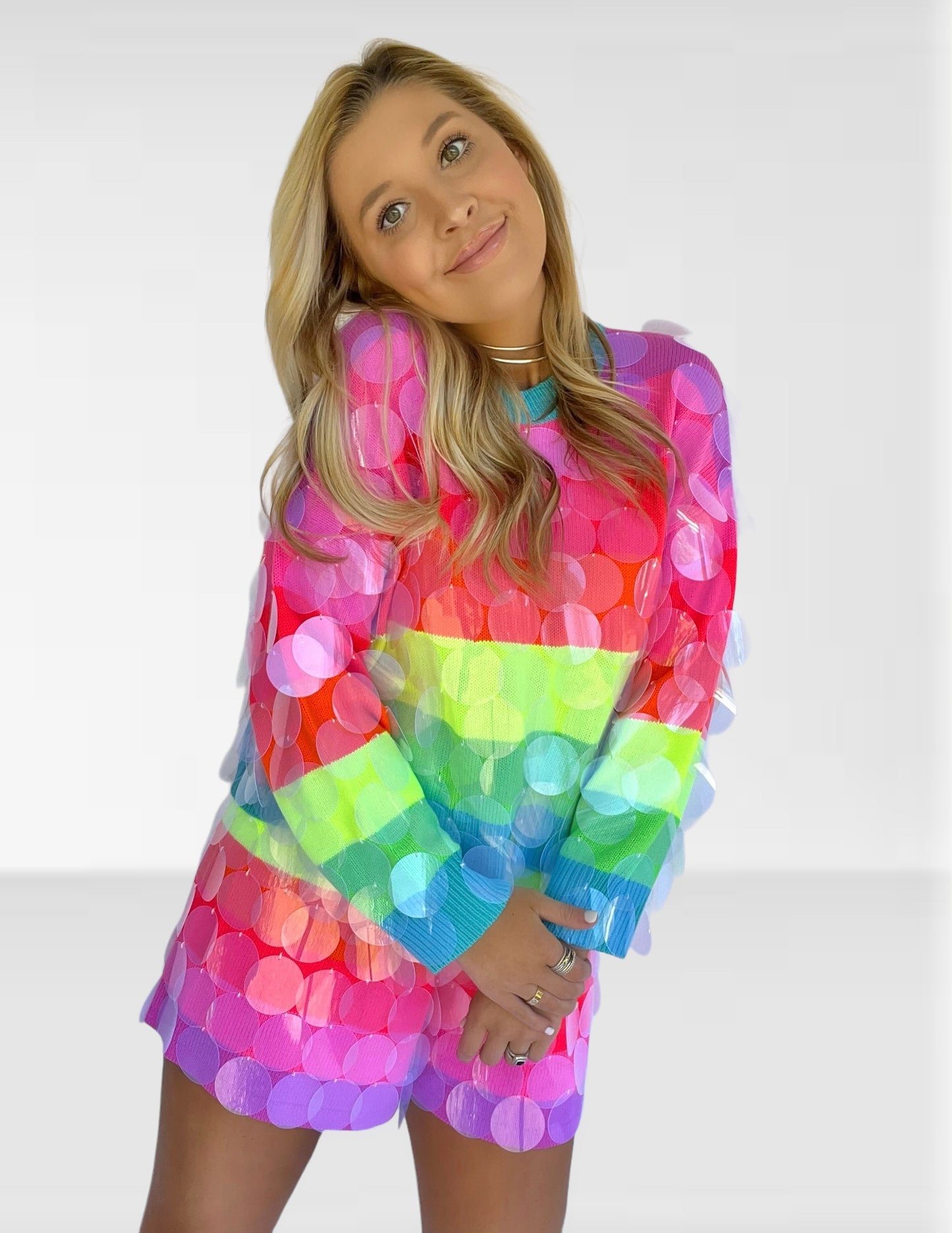 Queen of Sparkles Neon Stripe Clear Sequin Sweater