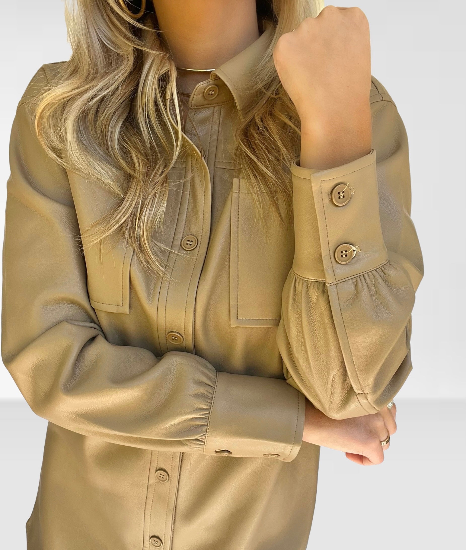 taupe leather dress Taupe Pu Faux Leather Midi Dress, With High Neck Design 4EVER STUNNING