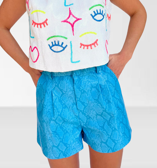 Blue Snake Faux Leather Shorts